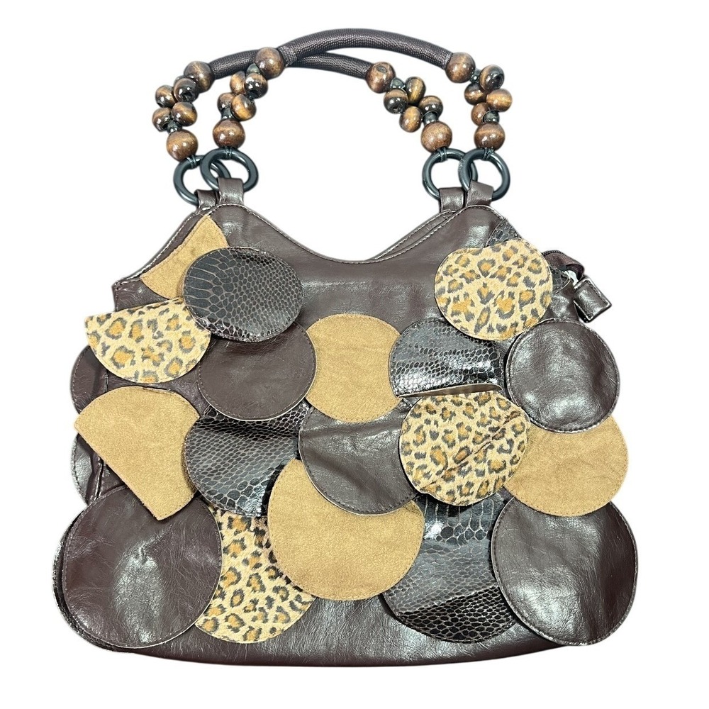 Unique Brown Shoulder Bag with Leopard Print & Snakeskin Accents - Beaded